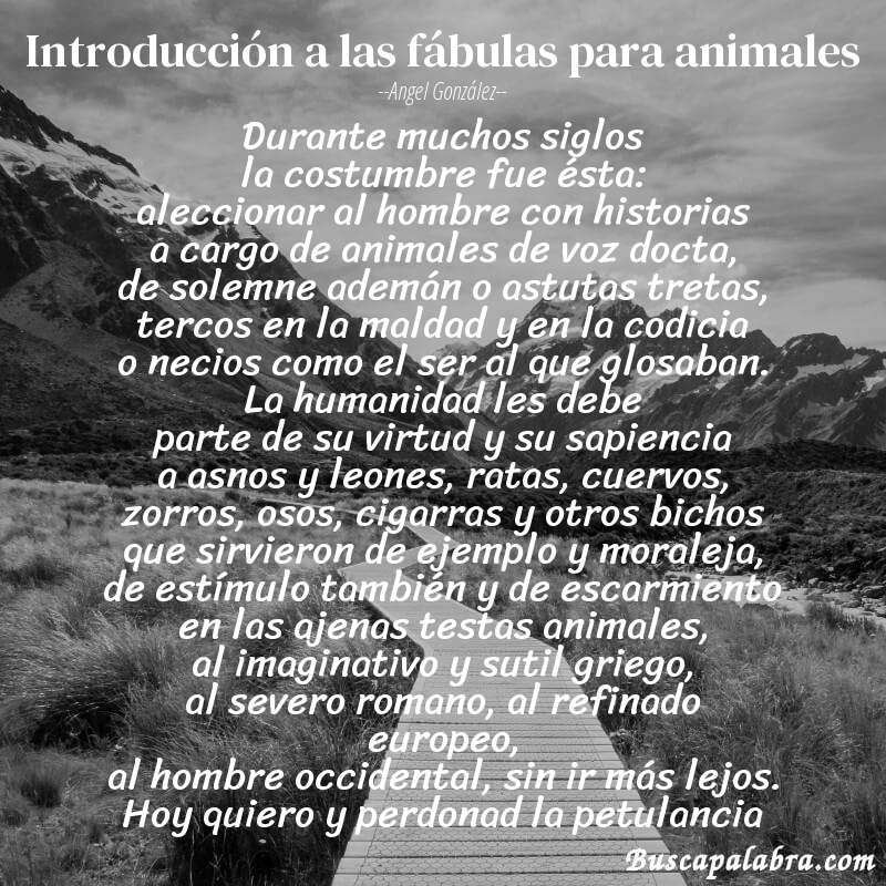 Poema introducción a las fábulas para animales de Angel González con fondo de paisaje