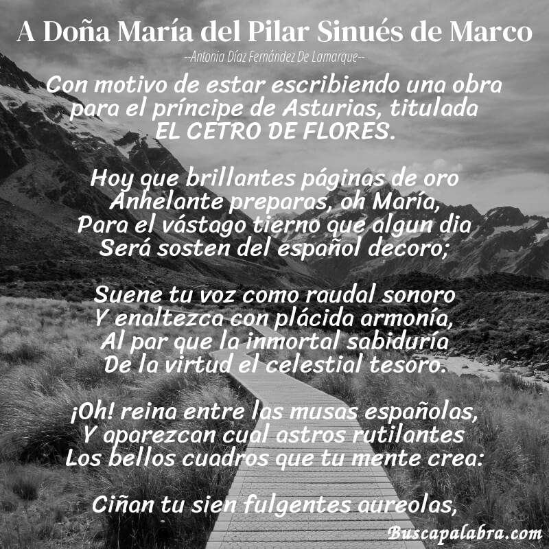 Poema A Doña María del Pilar Sinués de Marco de Antonia Díaz Fernández de Lamarque con fondo de paisaje