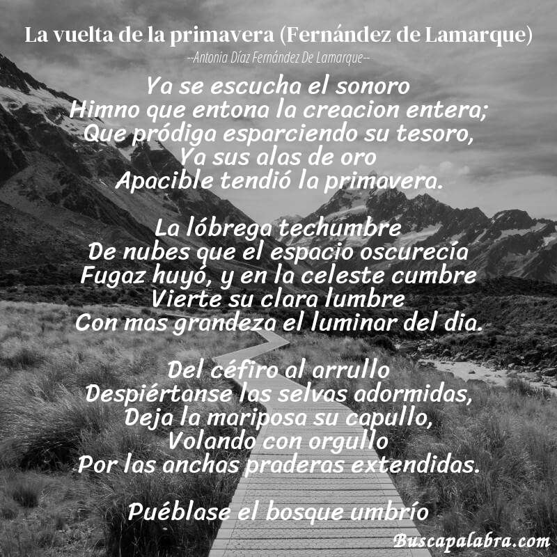 Poema La vuelta de la primavera (Fernández de Lamarque) de Antonia Díaz Fernández de Lamarque con fondo de paisaje