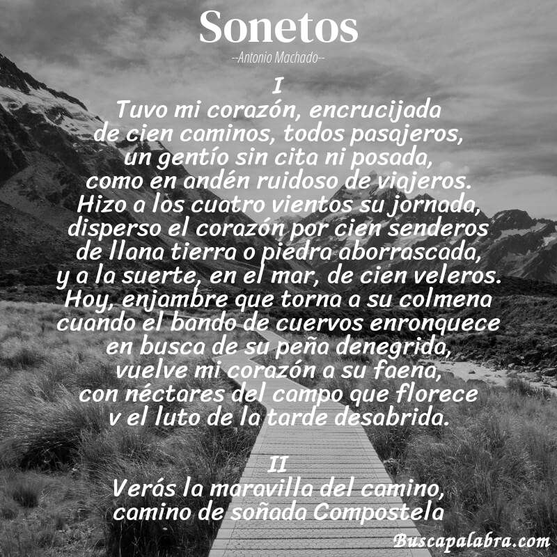 Poema Sonetos de Antonio Machado con fondo de paisaje