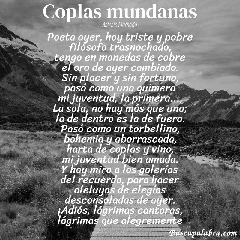 Poema Coplas mundanas de Antonio Machado con fondo de paisaje