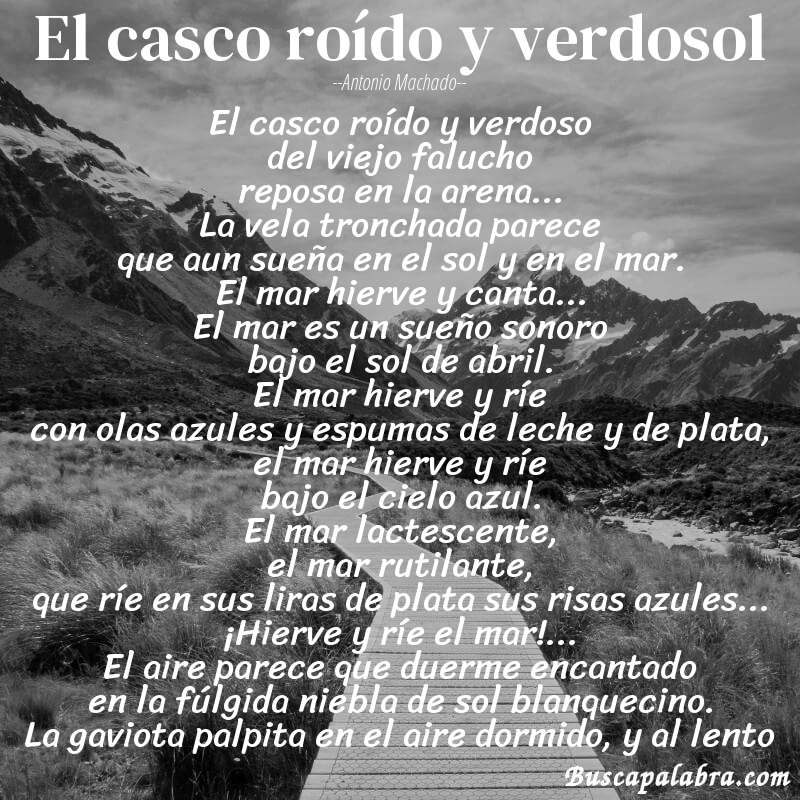 Poema El casco roído y verdosol de Antonio Machado con fondo de paisaje