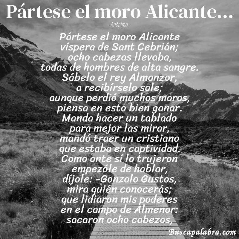 Poema Pártese el moro Alicante... de Anónimo con fondo de paisaje