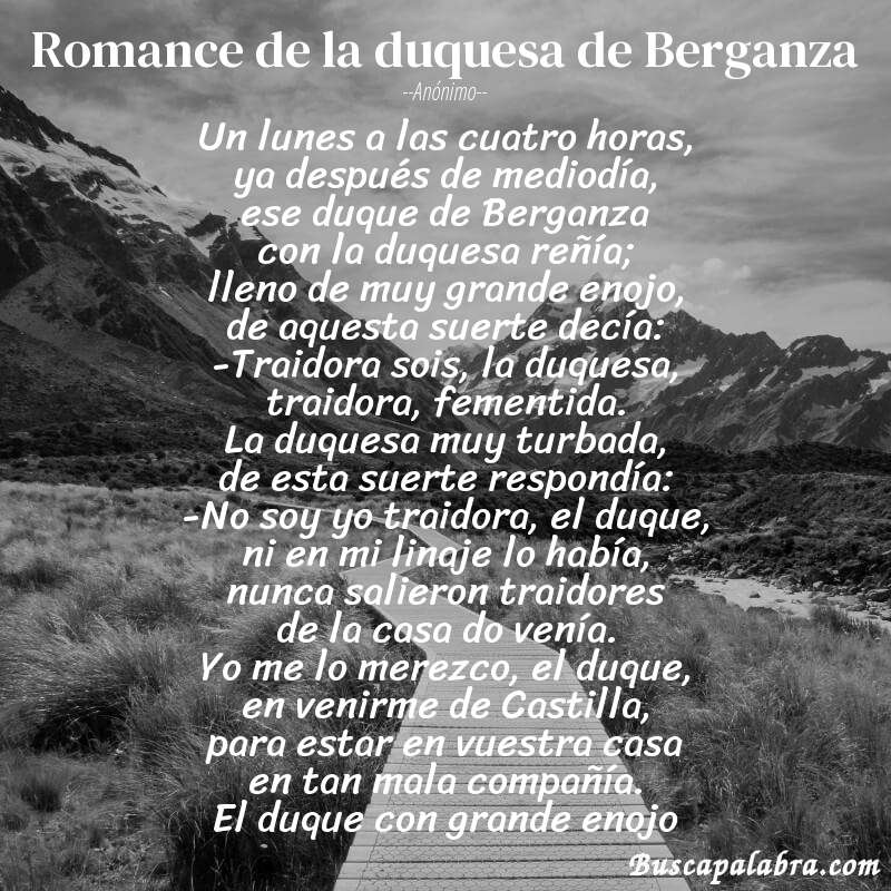 Poema Romance de la duquesa de Berganza de Anónimo con fondo de paisaje