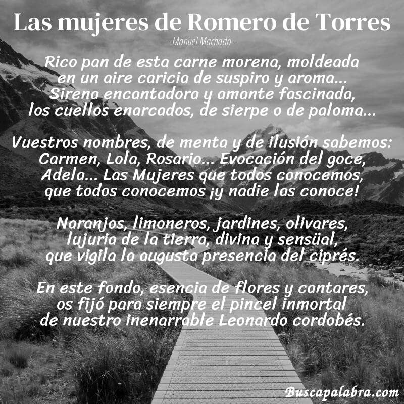 Poema Las mujeres de Romero de Torres de Manuel Machado con fondo de paisaje