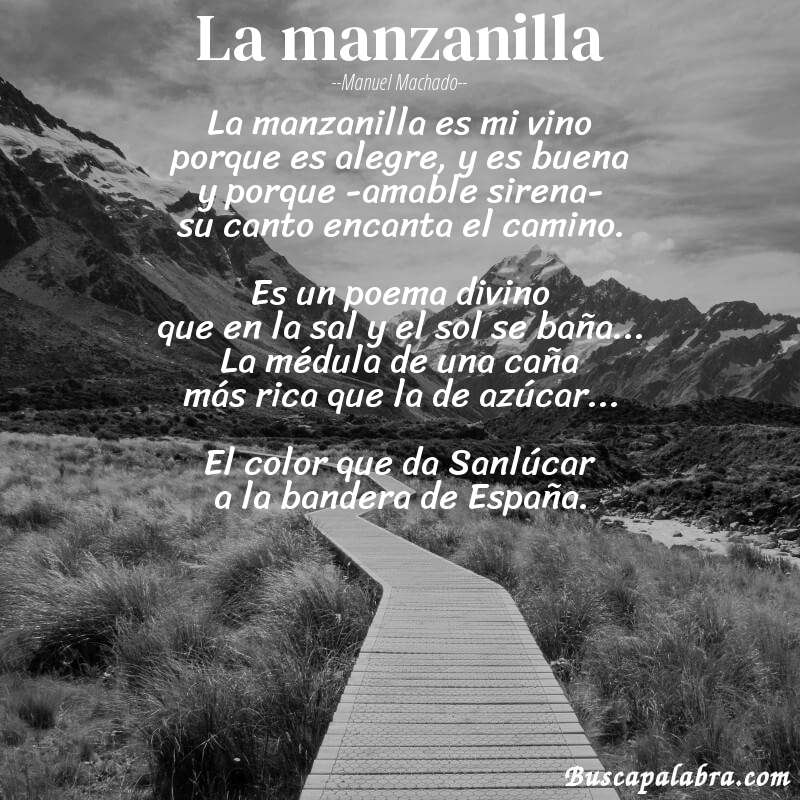 Poema La manzanilla de Manuel Machado con fondo de paisaje
