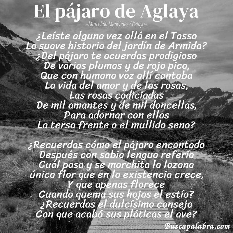 Poema El pájaro de Aglaya de Marcelino Menéndez y Pelayo con fondo de paisaje