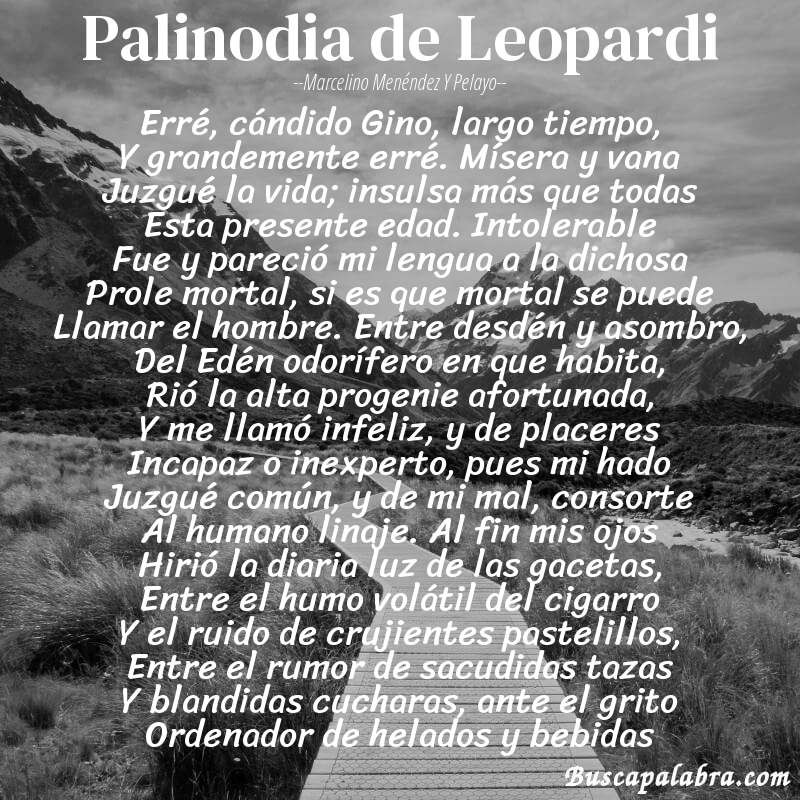 Poema Palinodia de Leopardi de Marcelino Menéndez y Pelayo con fondo de paisaje