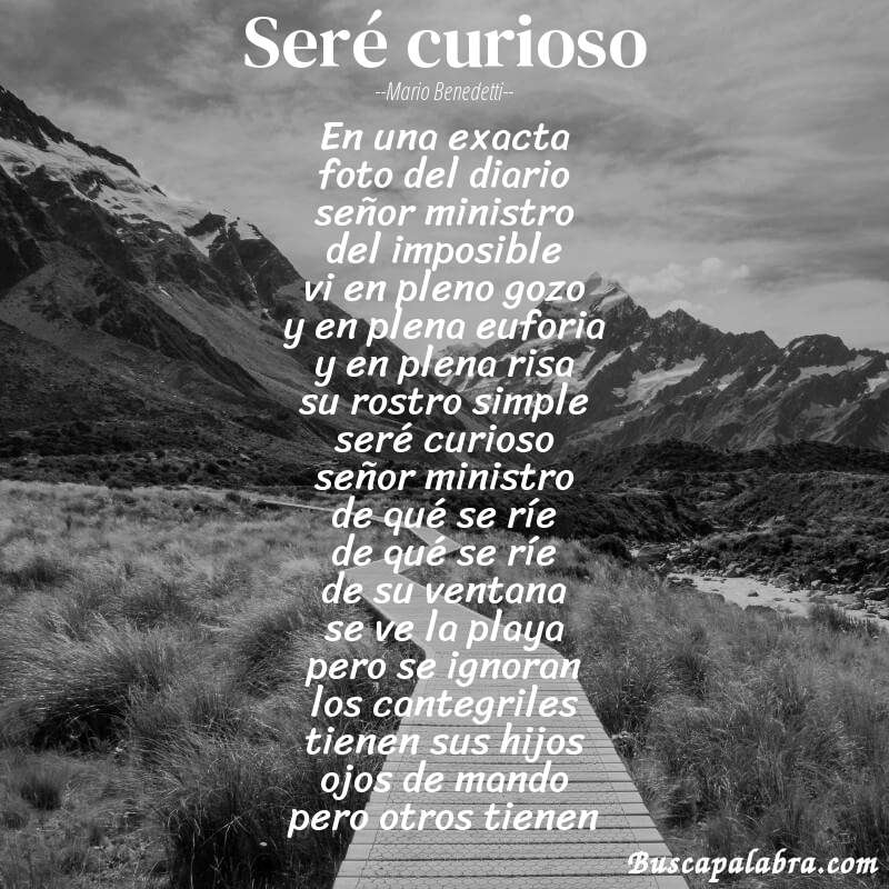 Poema seré curioso de Mario Benedetti con fondo de paisaje