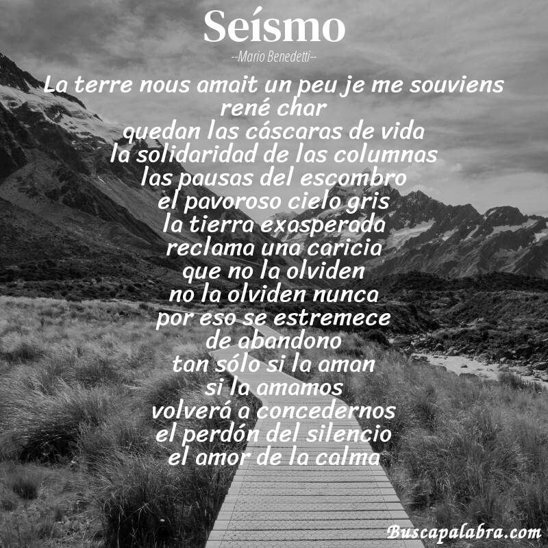 Poema seísmo de Mario Benedetti con fondo de paisaje