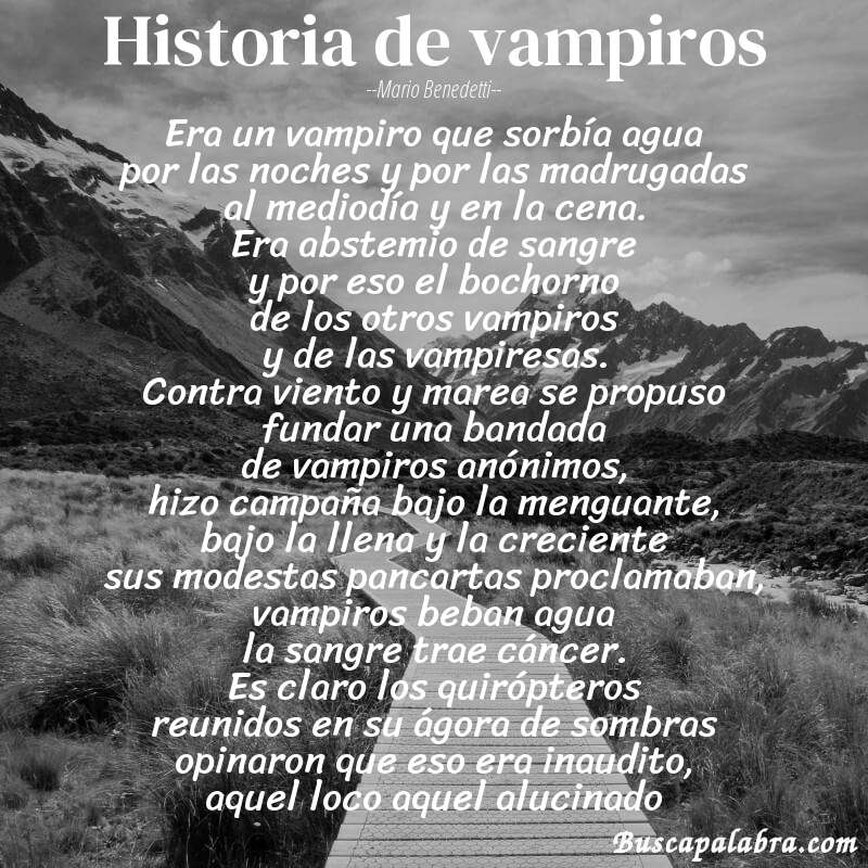 Poema historia de vampiros de Mario Benedetti con fondo de paisaje