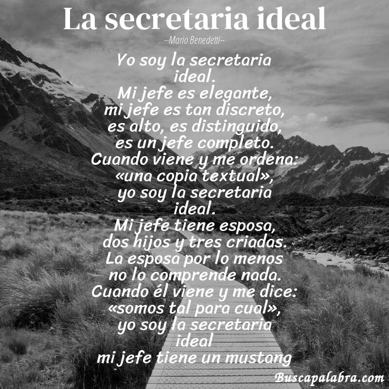 Poema la secretaria ideal de Mario Benedetti con fondo de paisaje