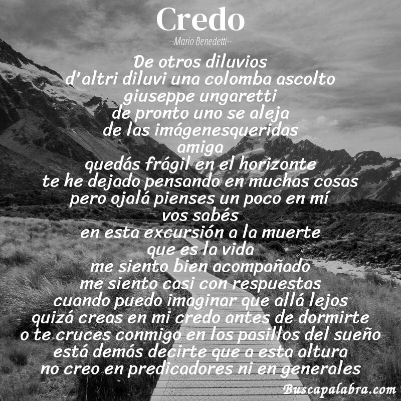 Poema credo de Mario Benedetti con fondo de paisaje