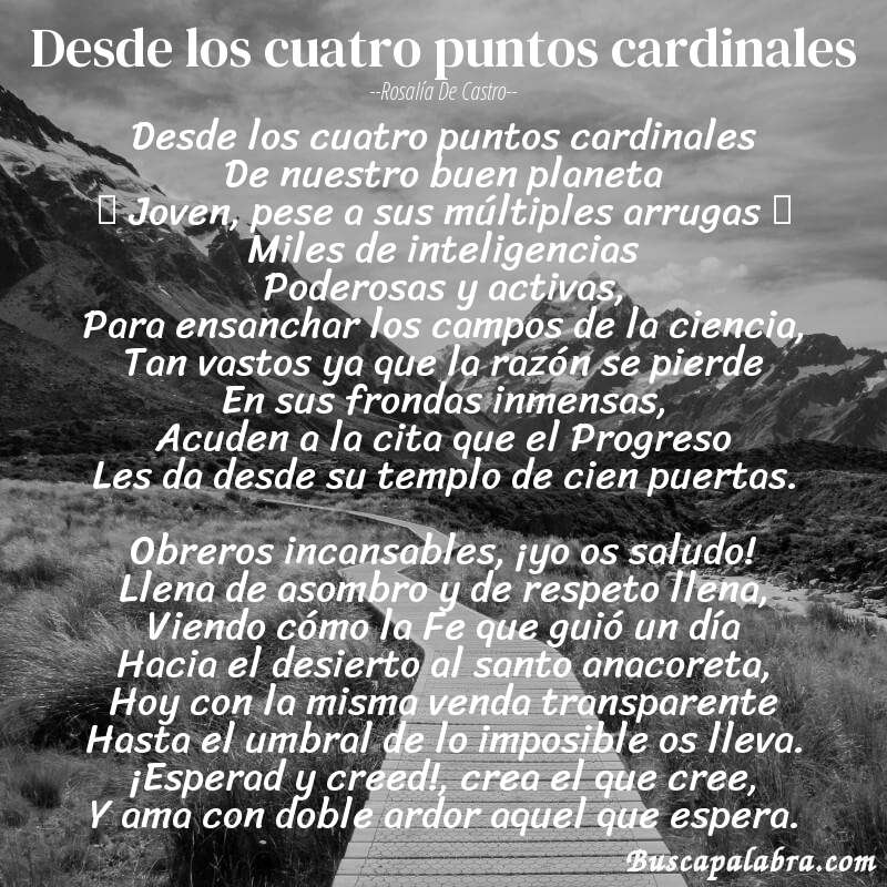 Poema Desde los cuatro puntos cardinales de Rosalía de Castro con fondo de paisaje