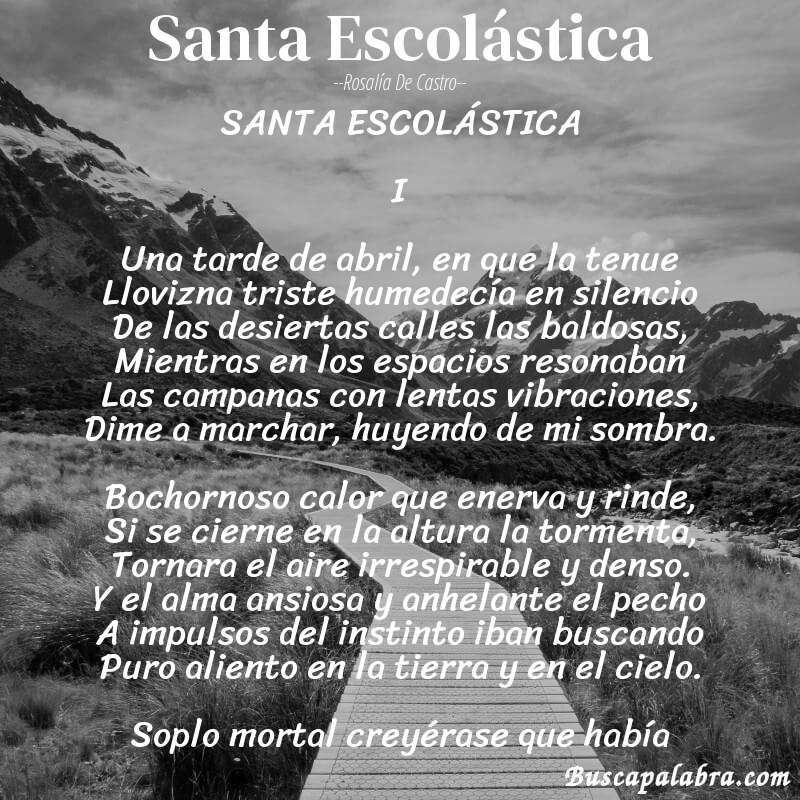 Poema Santa Escolástica de Rosalía de Castro con fondo de paisaje