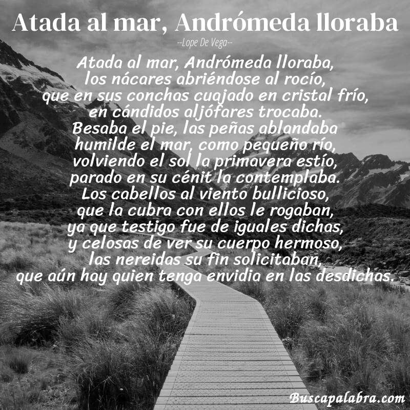 Poema Atada al mar, Andrómeda lloraba de Lope de Vega con fondo de paisaje