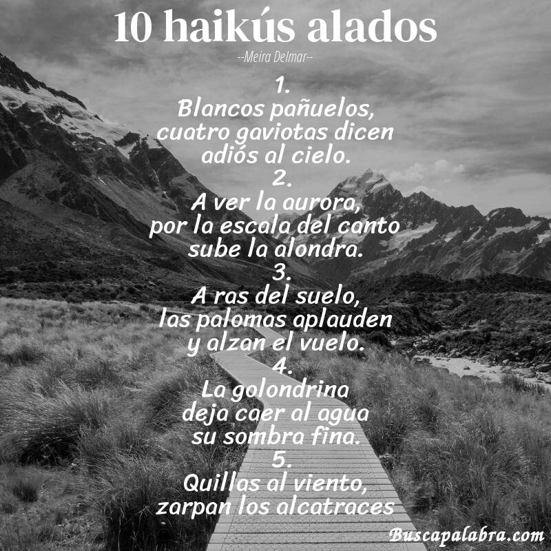 Poema 10 haikús alados de Meira Delmar con fondo de paisaje