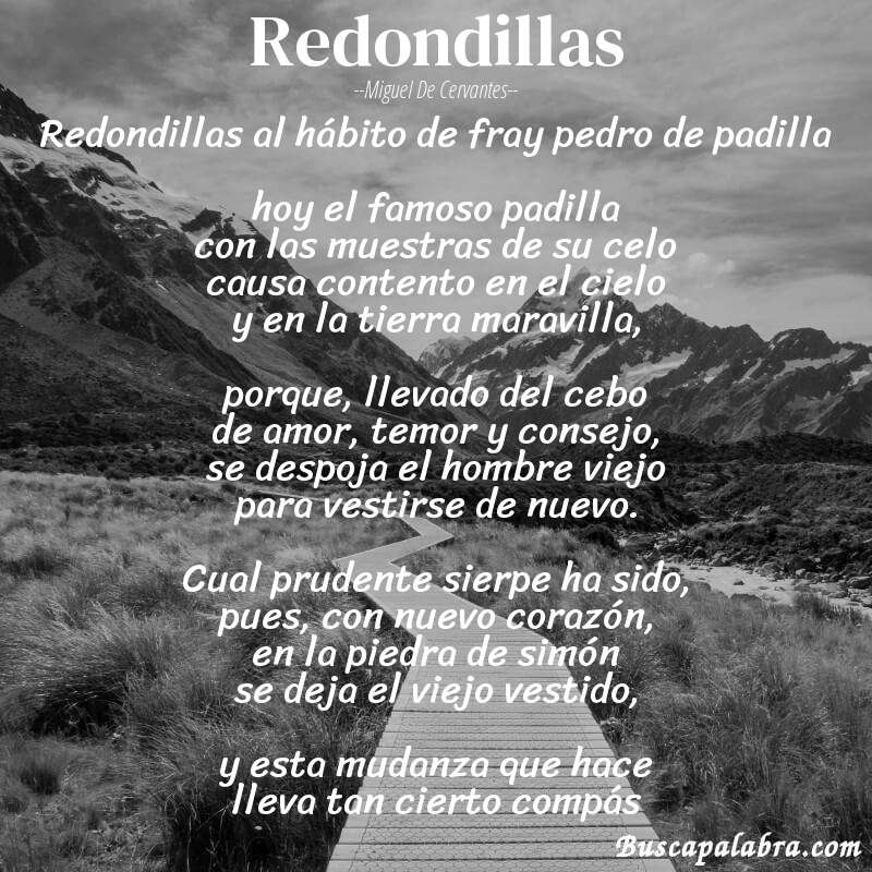 Poema redondillas de Miguel de Cervantes con fondo de paisaje