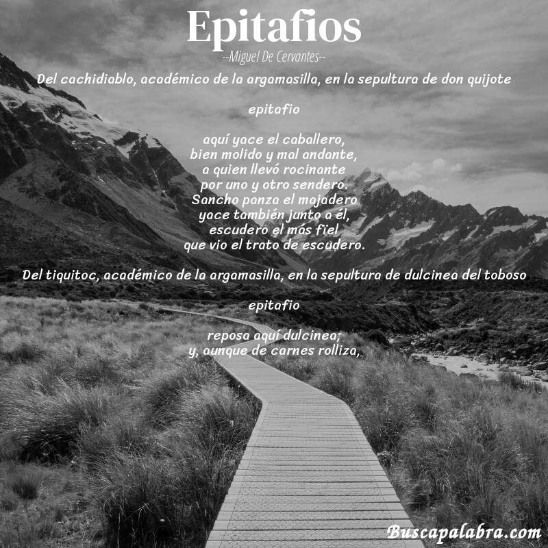 Poema epitafios de Miguel de Cervantes con fondo de paisaje