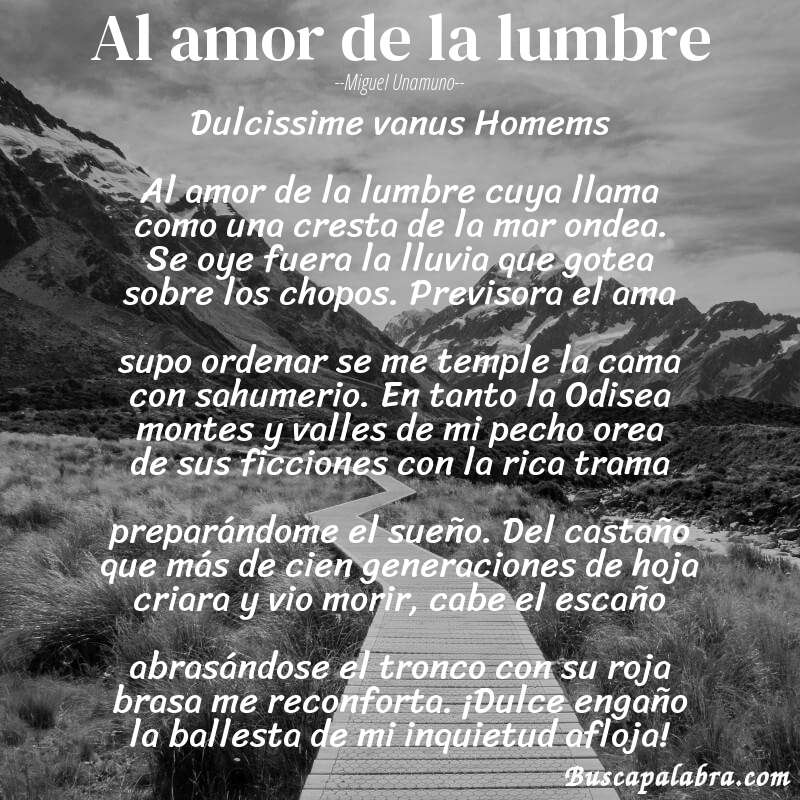 Poema Al amor de la lumbre de Miguel Unamuno con fondo de paisaje