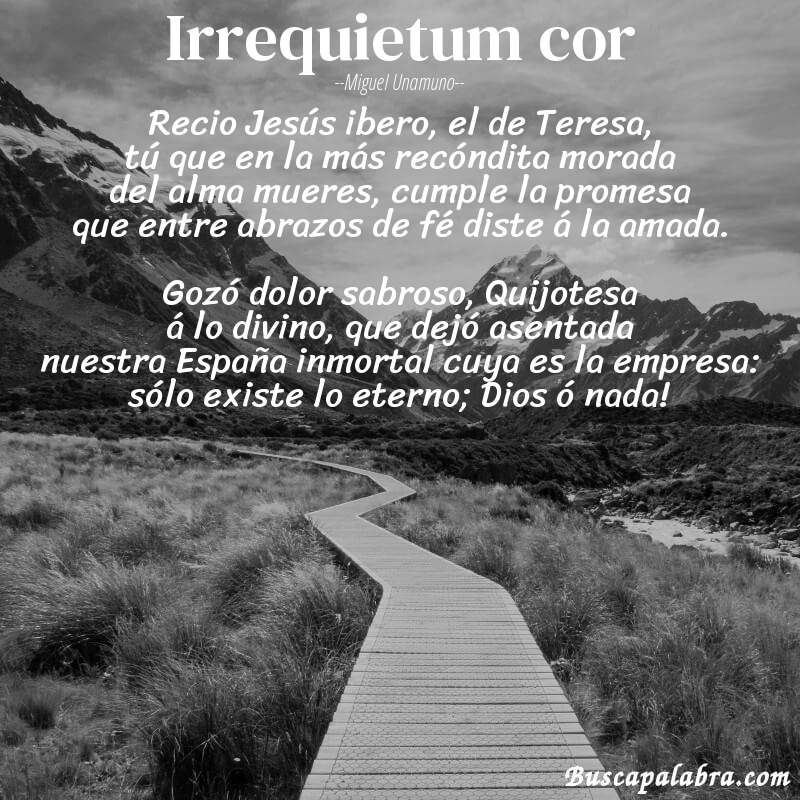 Poema Irrequietum cor de Miguel Unamuno con fondo de paisaje