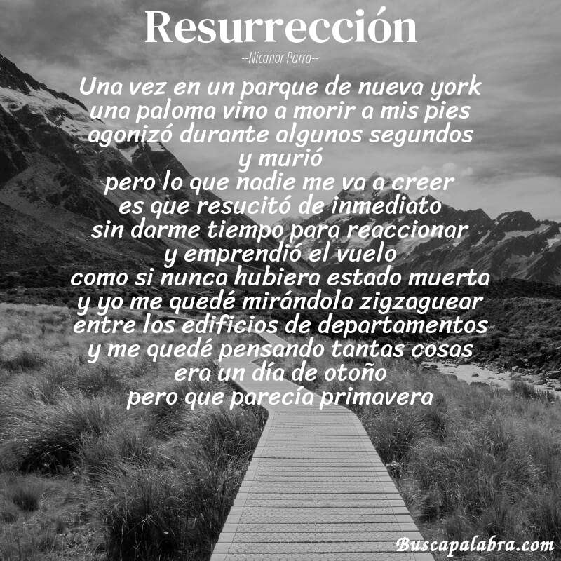 Poema resurrección de Nicanor Parra con fondo de paisaje