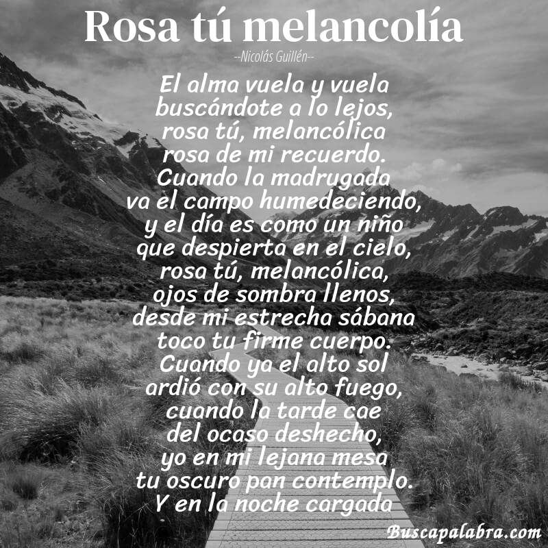 Poema rosa tú melancolía de Nicolás Guillén con fondo de paisaje