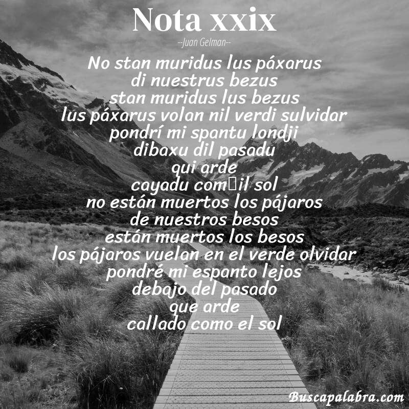Poema nota xxix de Juan Gelman con fondo de paisaje