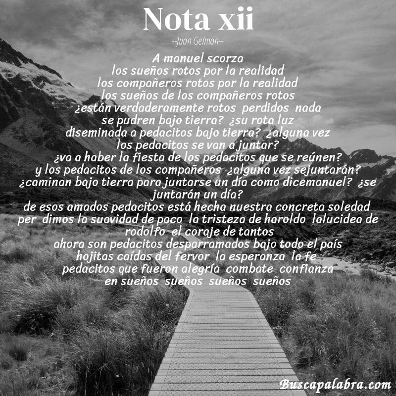 Poema nota xii de Juan Gelman con fondo de paisaje