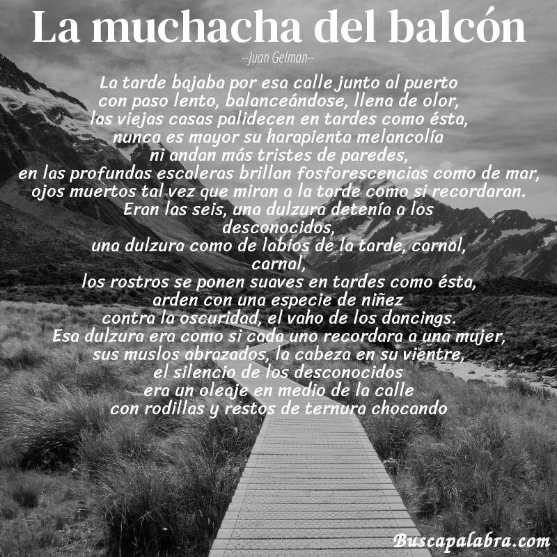 Poema la muchacha del balcón de Juan Gelman con fondo de paisaje