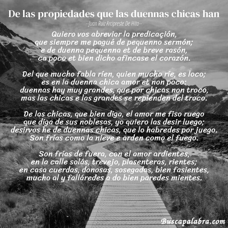 Poema De las propiedades que las duennas chicas han de Juan Ruiz Arcipreste de Hita con fondo de paisaje