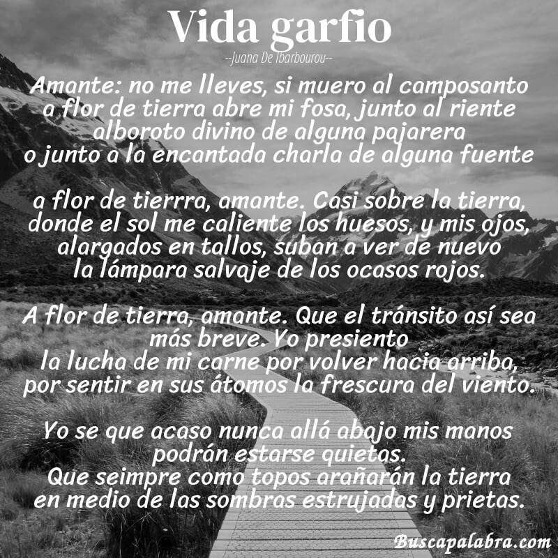 Poema vida garfio de Juana de Ibarbourou con fondo de paisaje