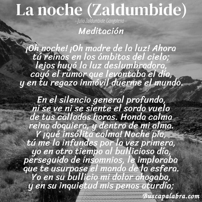 Poema La noche (Zaldumbide) de Julio Zaldumbide Gangotena con fondo de paisaje