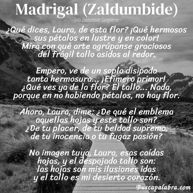 Poema Madrigal (Zaldumbide) de Julio Zaldumbide Gangotena con fondo de paisaje