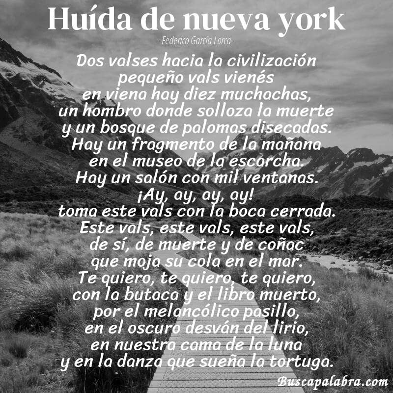 Poema huída de nueva york de Federico García Lorca con fondo de paisaje