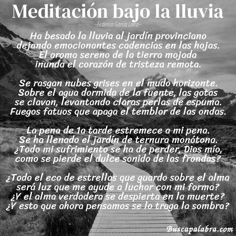Poema Meditación bajo la lluvia de Federico García Lorca con fondo de paisaje