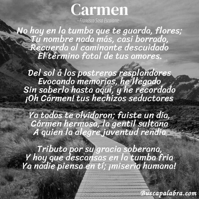 Poema Carmen de Francisco Sosa Escalante con fondo de paisaje