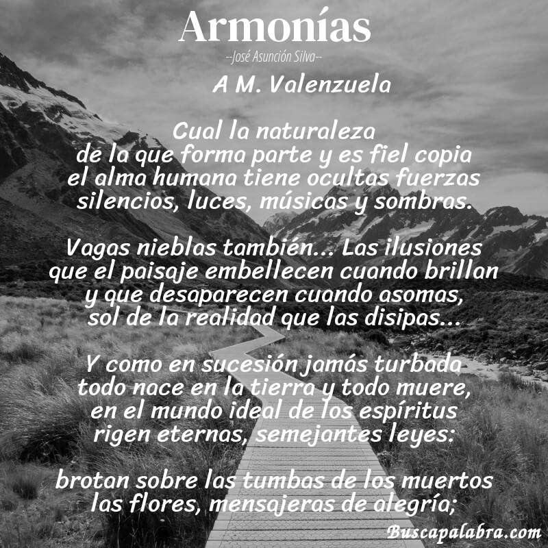 Poema Armonías de José Asunción Silva con fondo de paisaje