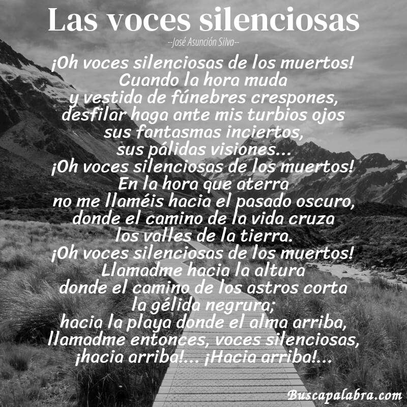 Poema Las voces silenciosas de José Asunción Silva con fondo de paisaje