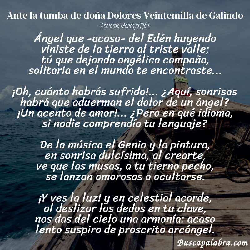Poema Ante la tumba de doña Dolores Veintemilla de Galindo de Abelardo Moncayo Jijón con fondo de barca