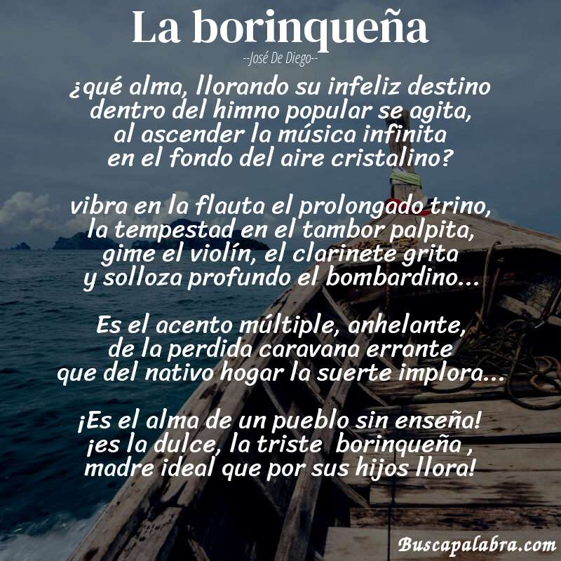 Poema la borinqueña de José de Diego con fondo de barca