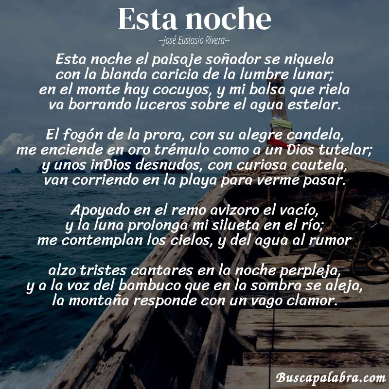 Poema esta noche de José Eustasio Rivera con fondo de barca