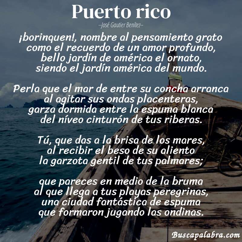 Poema puerto rico de José Gautier Benítez con fondo de barca