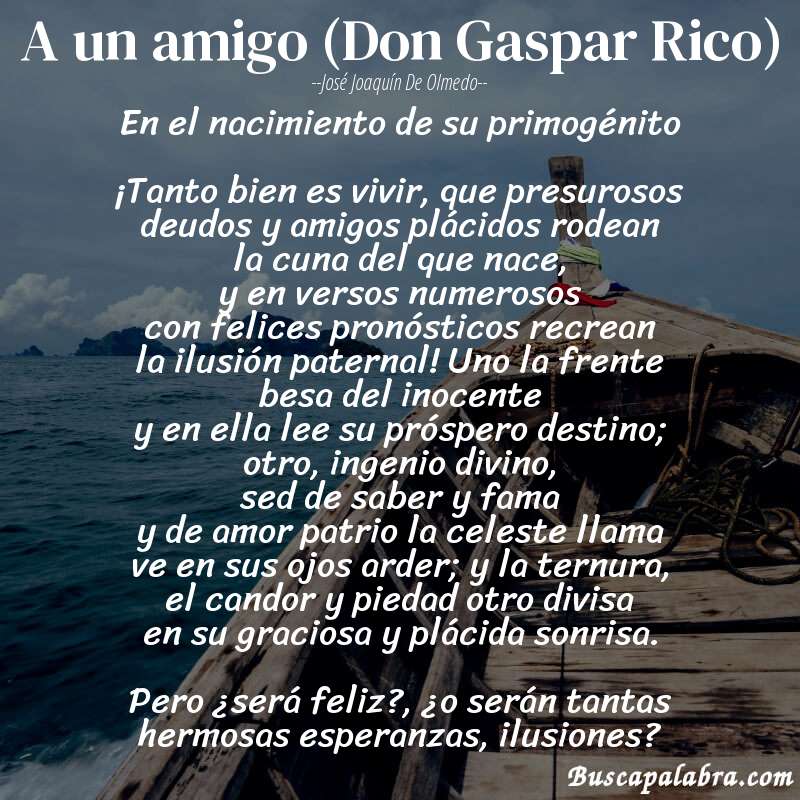 Poema A un amigo (Don Gaspar Rico) de José Joaquín de Olmedo con fondo de barca