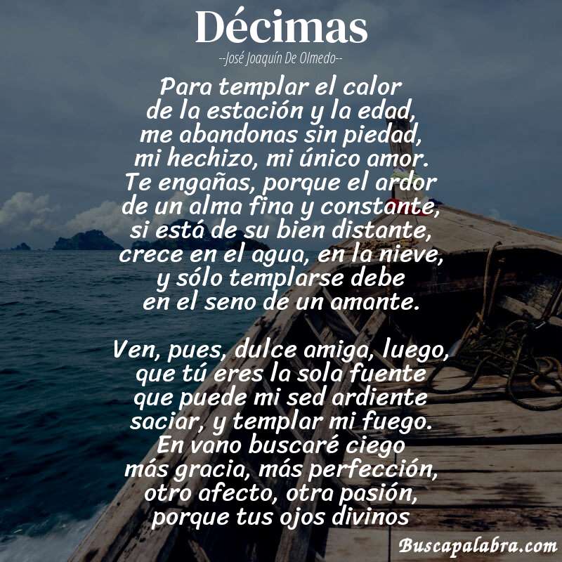 Poema Décimas de José Joaquín de Olmedo con fondo de barca