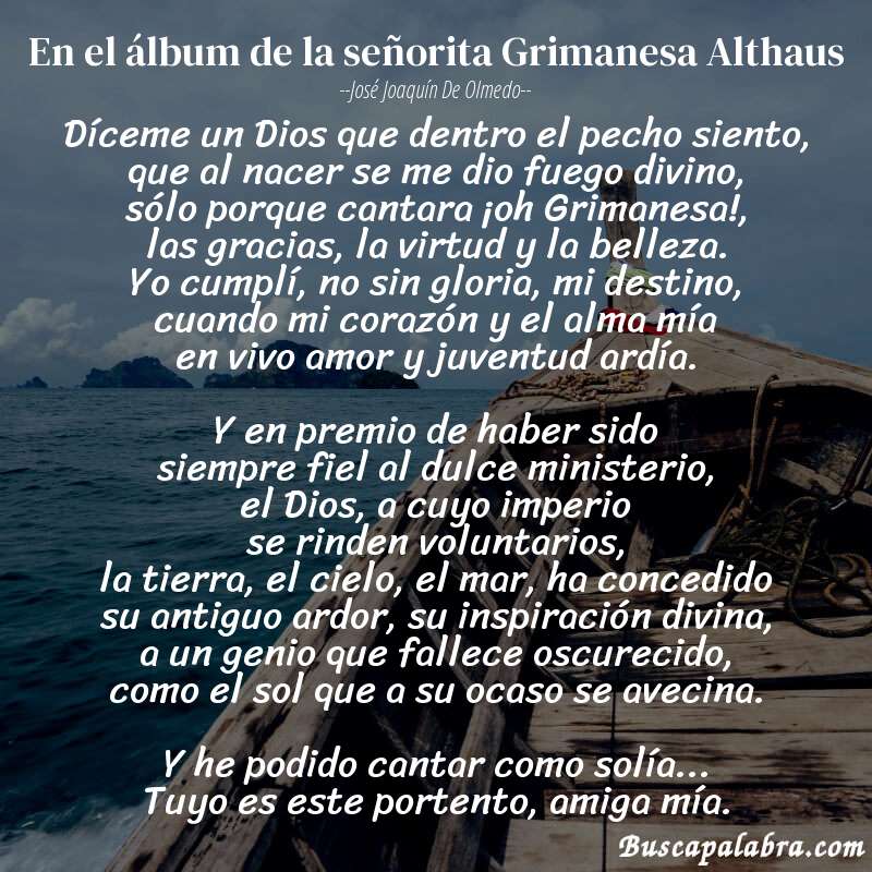 Poema En el álbum de la señorita Grimanesa Althaus de José Joaquín de Olmedo con fondo de barca