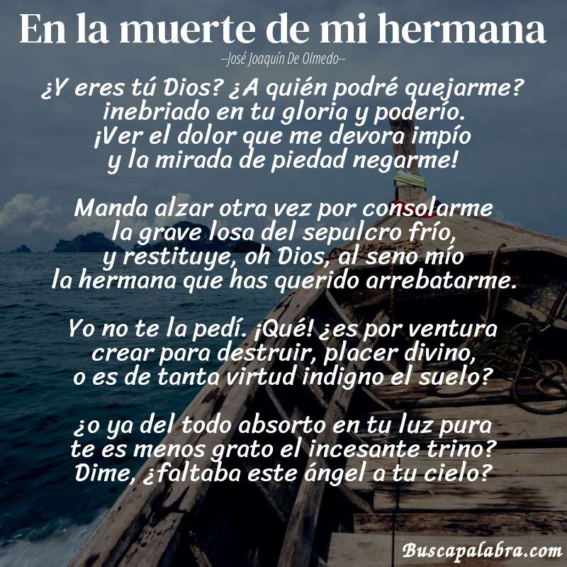 Poema En la muerte de mi hermana de José Joaquín de Olmedo con fondo de barca