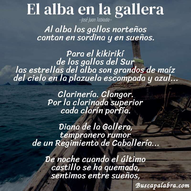 Poema El alba en la gallera de José Juan Tablada con fondo de barca