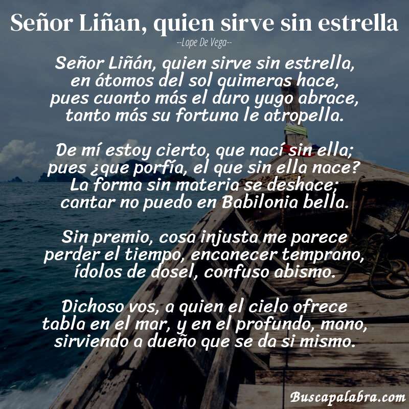 Poema Señor Liñan, quien sirve sin estrella de Lope de Vega con fondo de barca