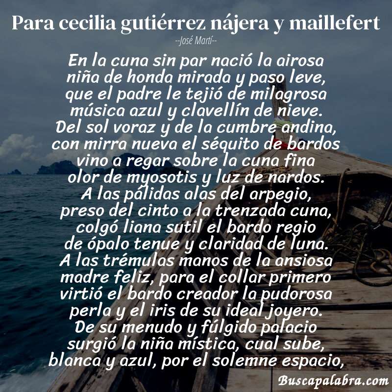 Poema para cecilia gutiérrez nájera y maillefert de José Martí con fondo de barca